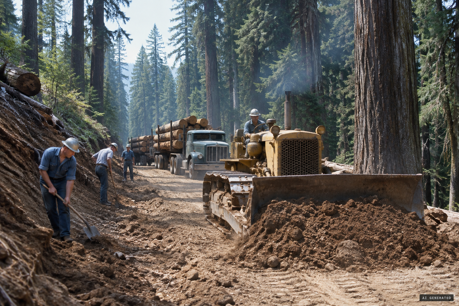 Summer 1958: the crew cutting Bluff Creek Road through virgin Douglas fir