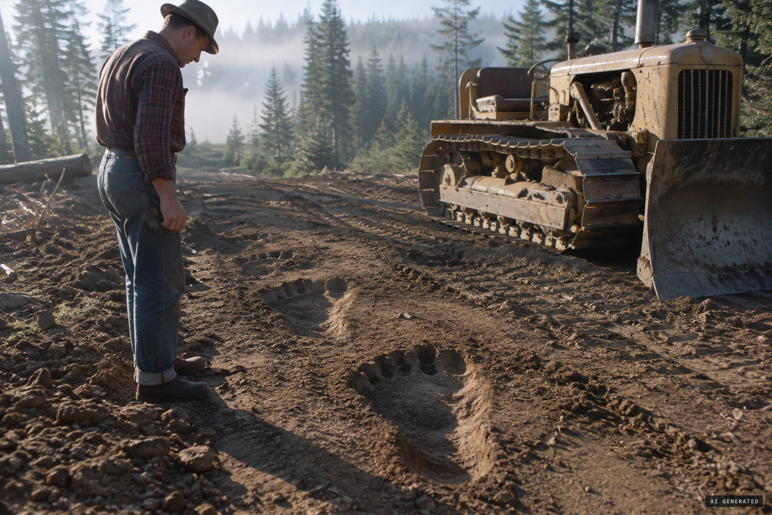 27 August 1958: giant manlike footprints pressed into the earth by Crew's bulldozer