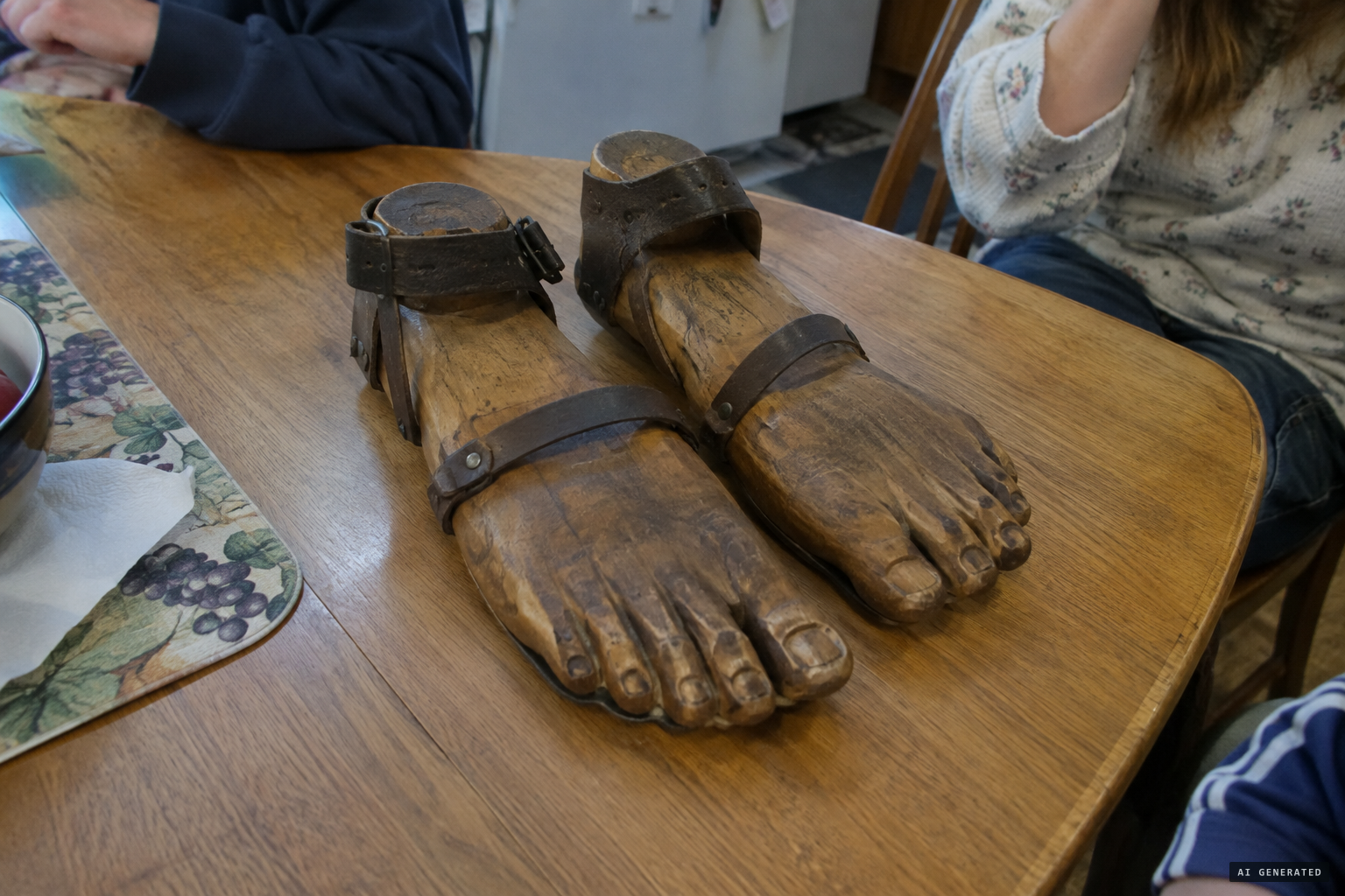 After Wallace's death in 2002, his family shows the carved wooden feet