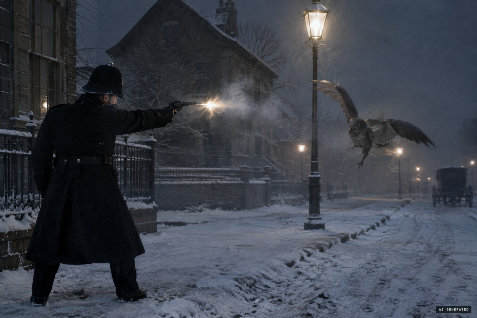 Patrolman Sackville fires at the winged, hopping thing in Bristol