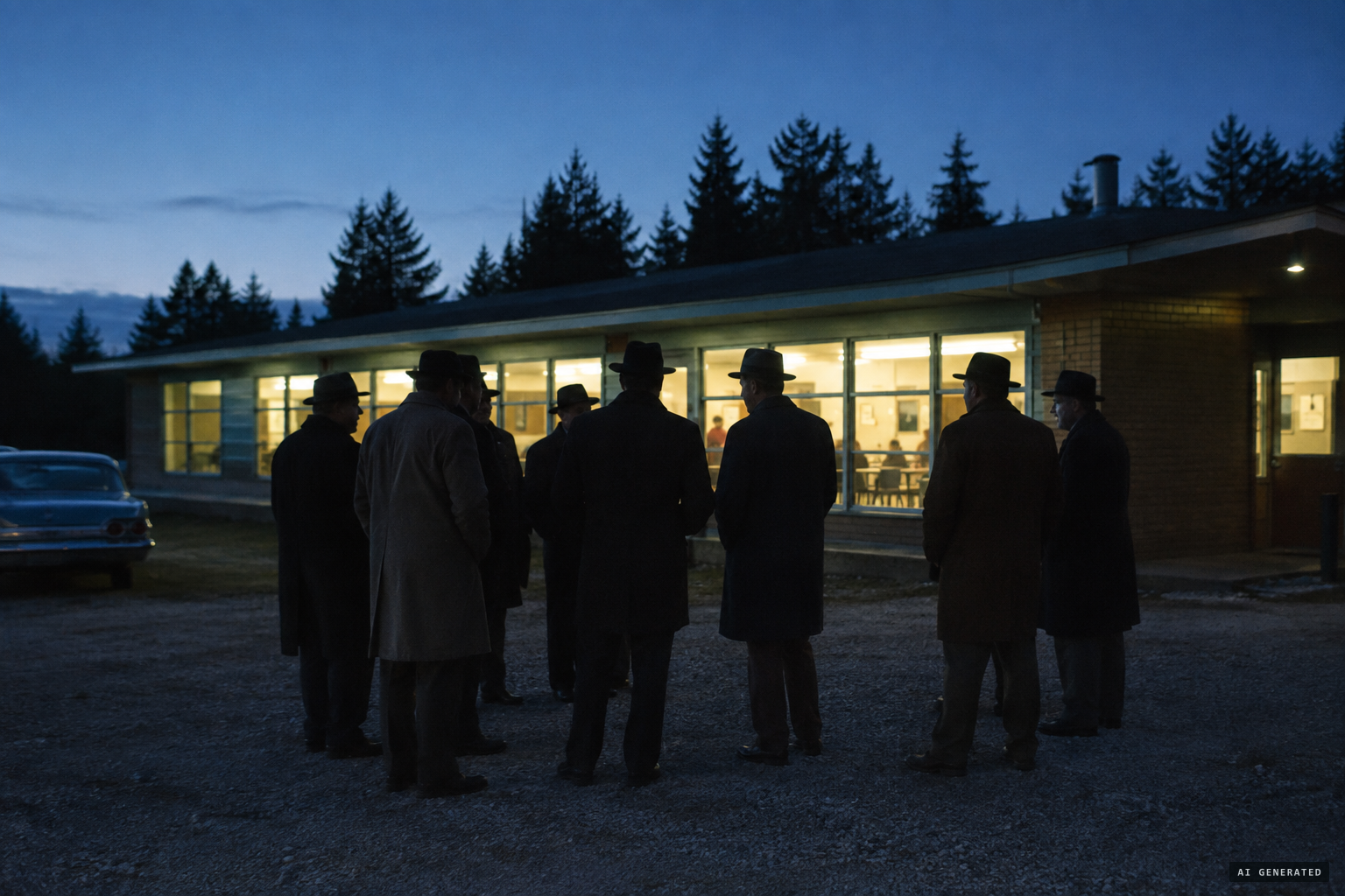 The Lions Club men wait outside the high school lunch room before the 7:30 meeting