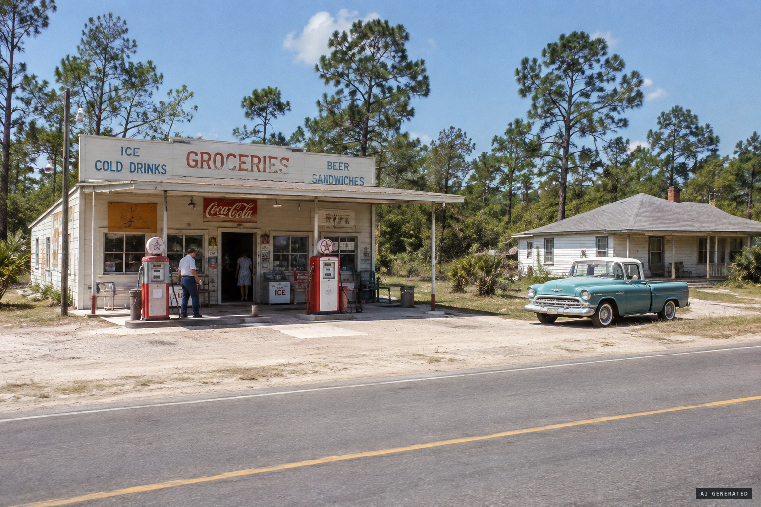 Reeves's acreage beside Red Wells's service-station grocery near Brooksville, Florida