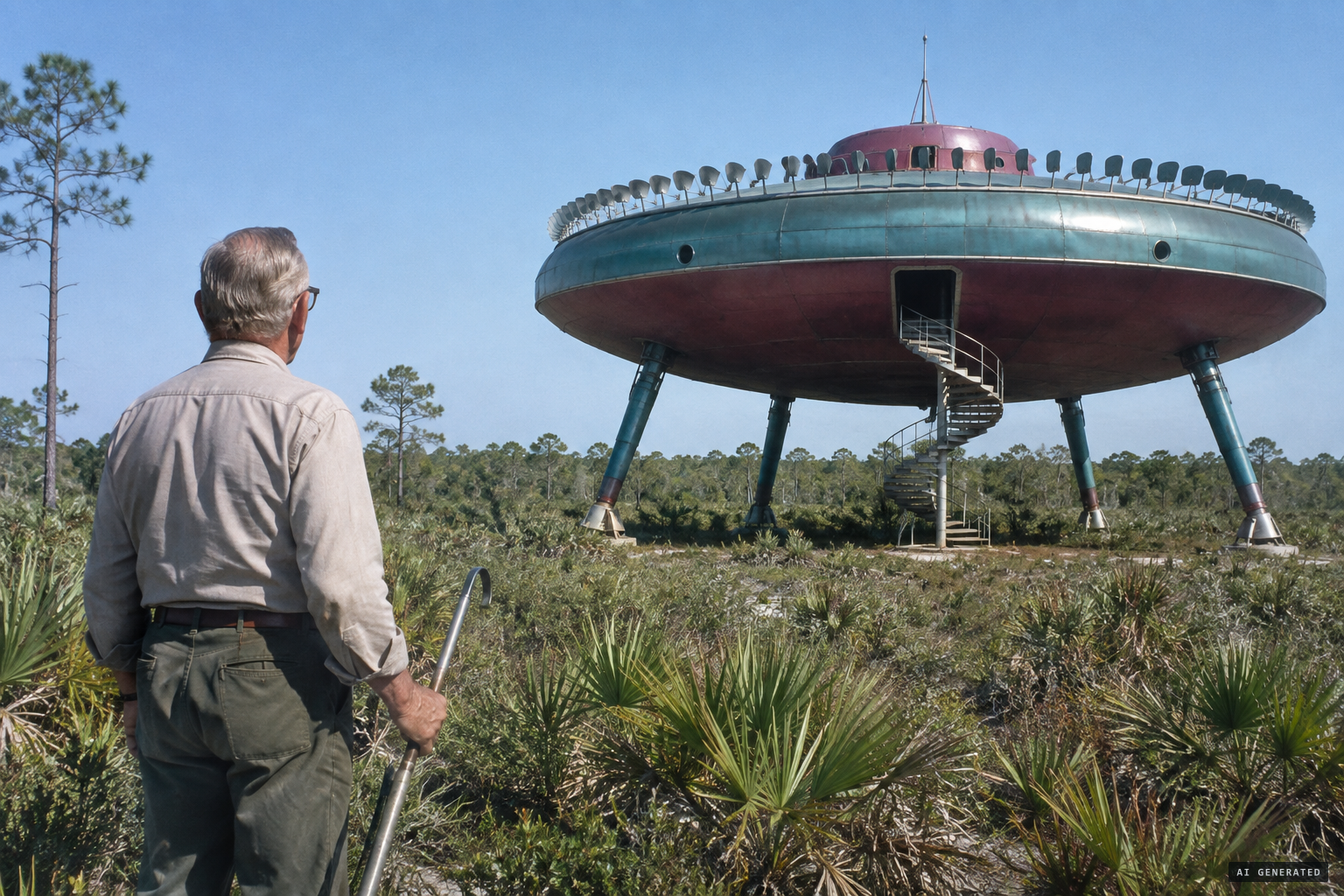The four-legged bluish-green and reddish-purple saucer in the scrub