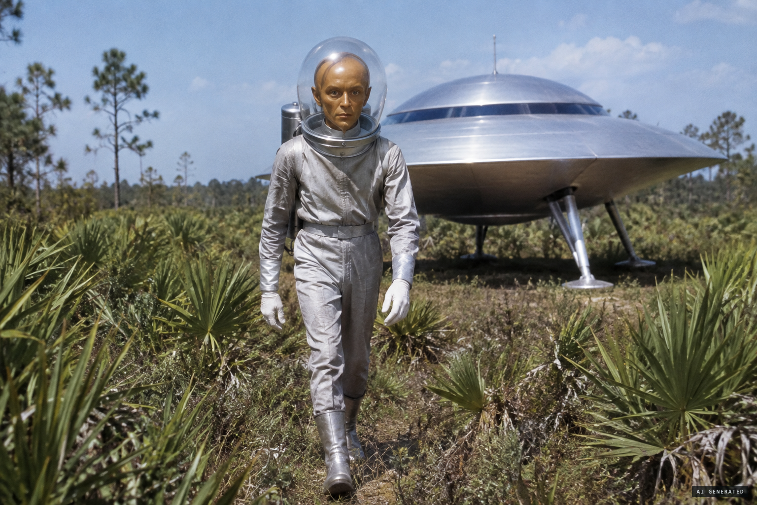 The robot-like figure in a glass dome helmet approaches to about 15 ft