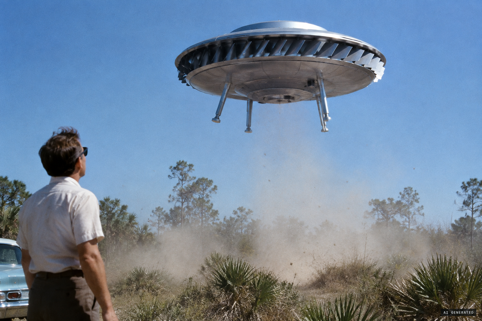 The saucer retracts its stilts and rises straight up into a cloudless sky