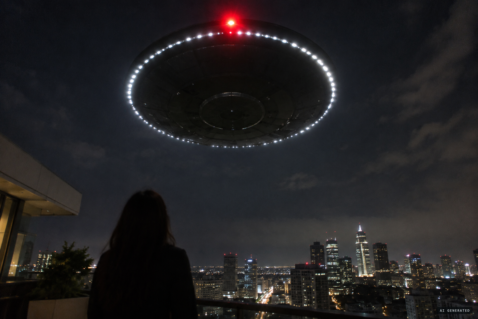 Pang sees the dark circular craft with its red light and ring of white rim lights, making no sound