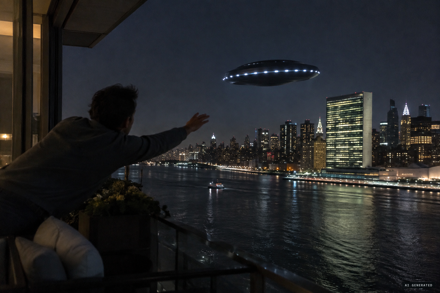 The object slips away down the river past the United Nations