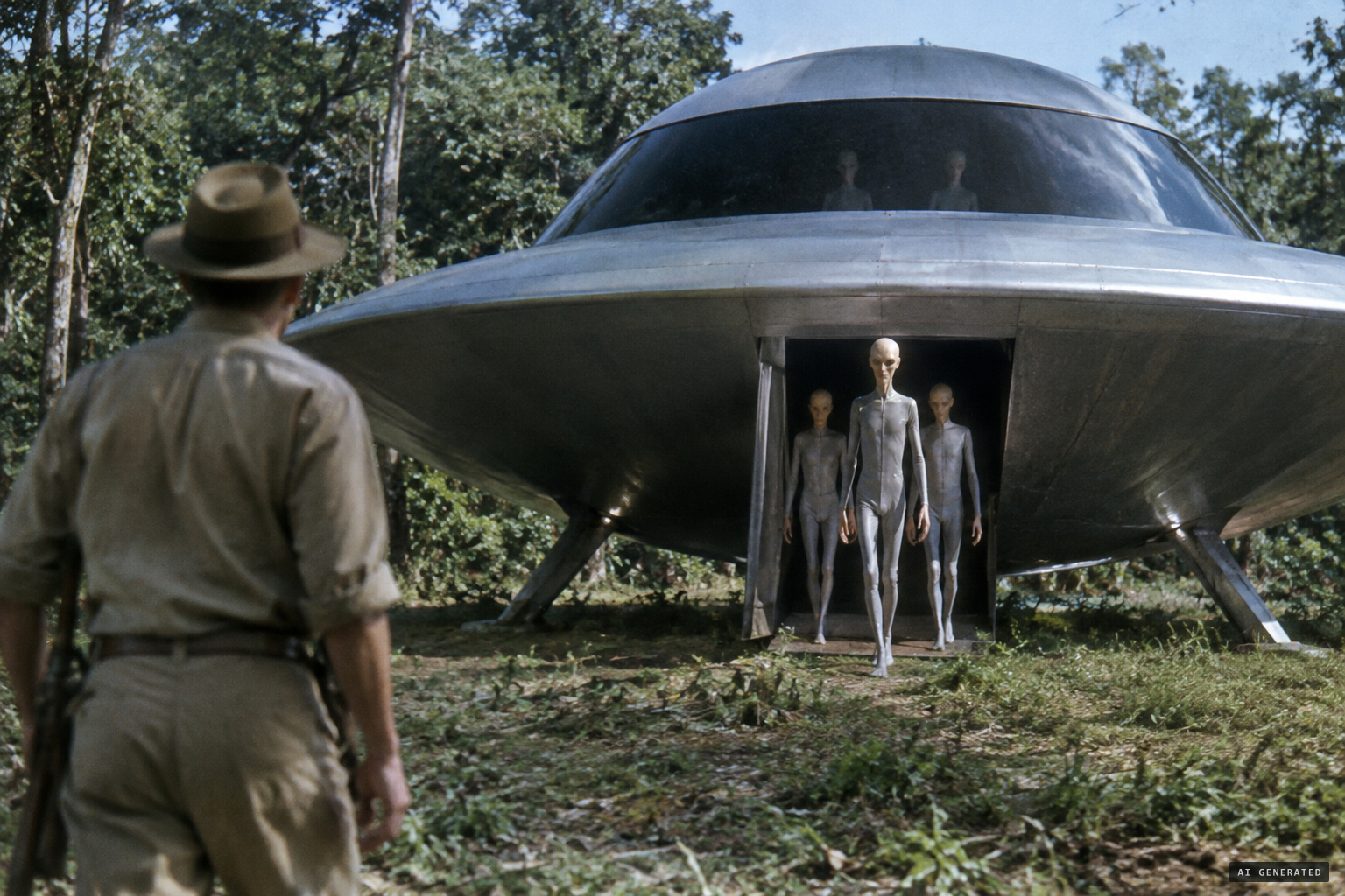 Higgins moves closer as three beings come out of the door beneath the rim
