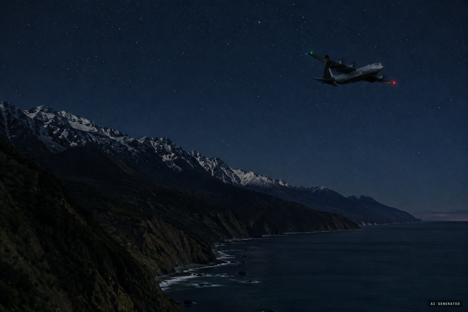 The Kaikōura coast at night, where Safe Air freighters flew out of Blenheim