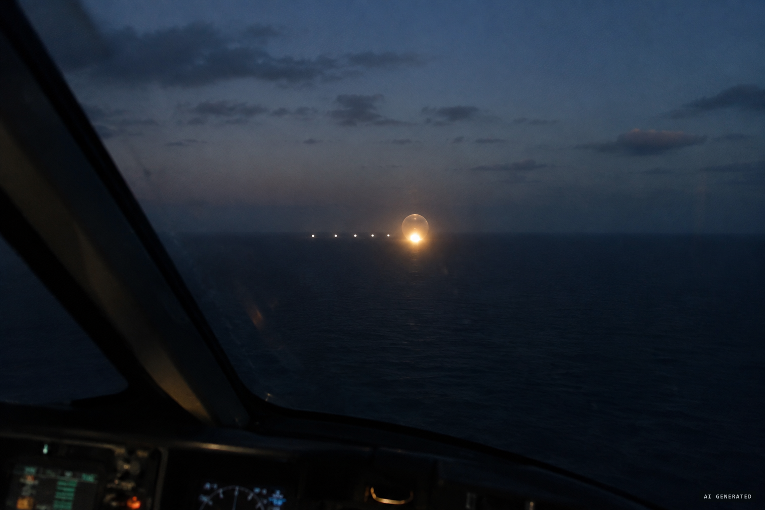 A line of five small bright lights and a large lighted orb