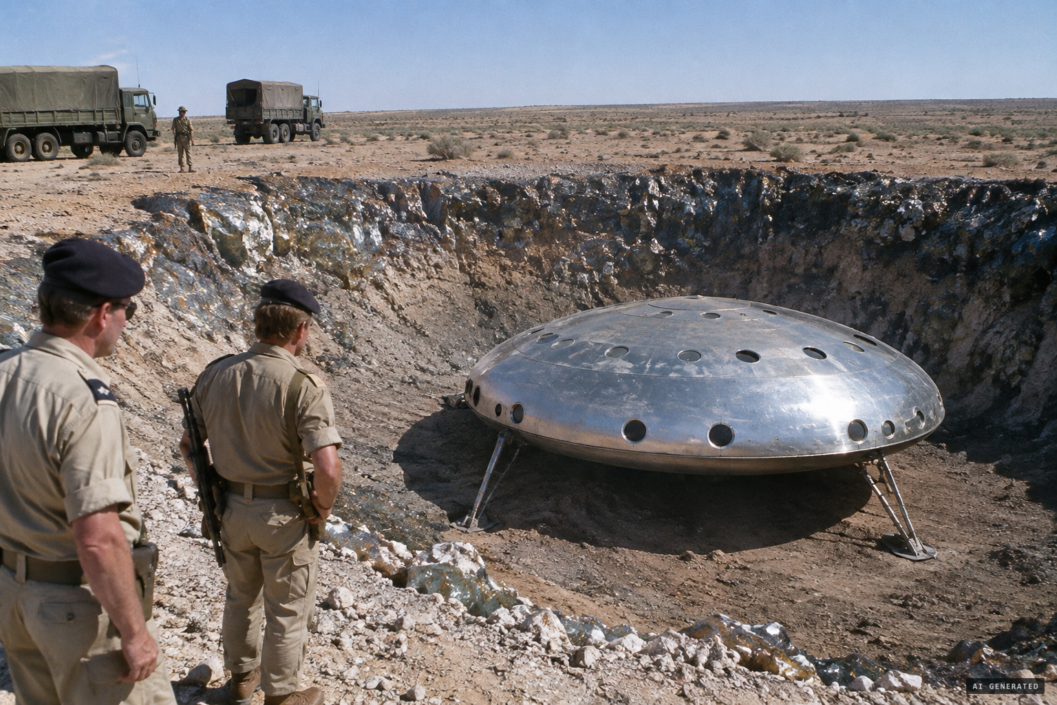 The silver craft in its crater, landing gear extended