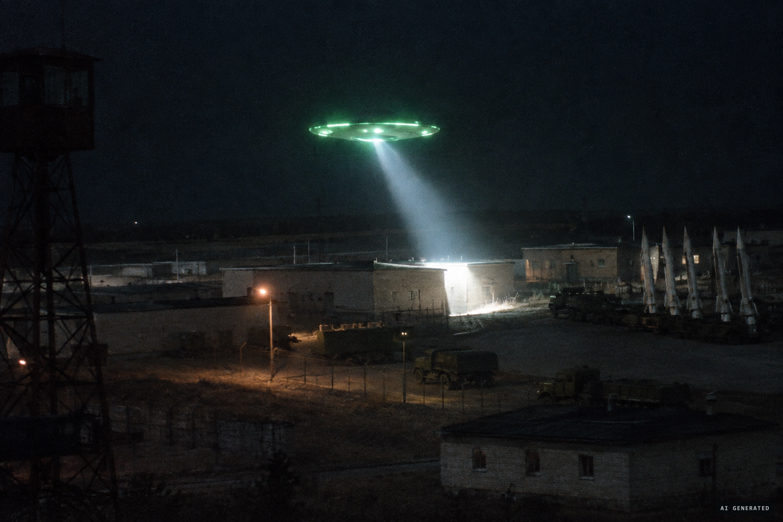 The disc circles low over the depot, its beam lighting a building's corner