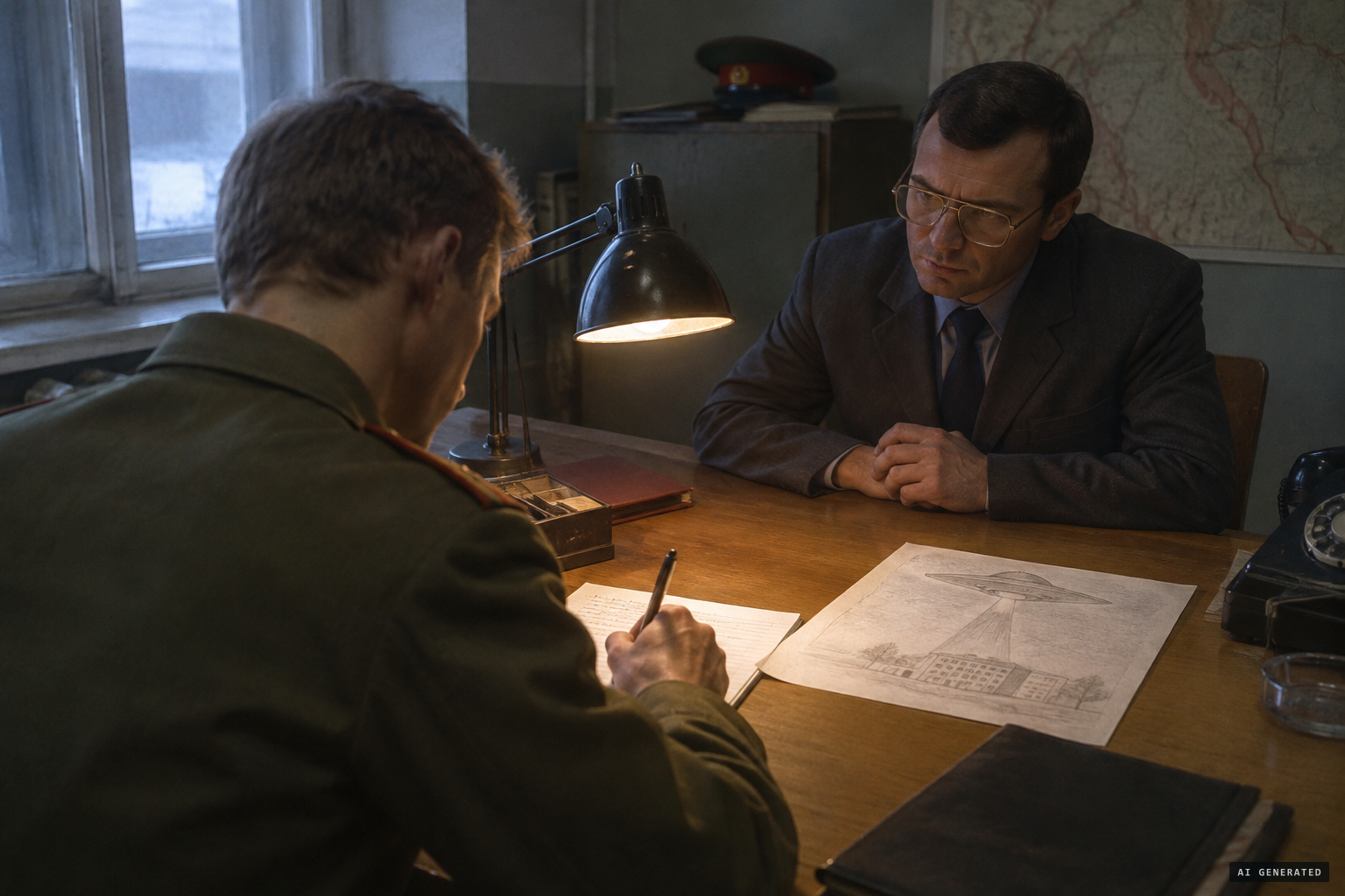Soldiers write their statements after KGB questioning, beside Voloshin's sketch