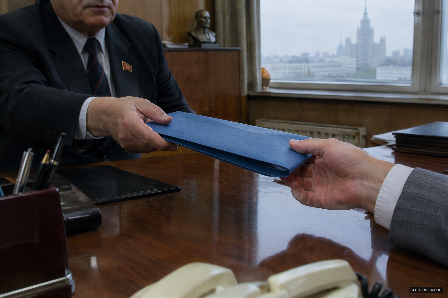 The KGB's blue folder of 124 pages changes hands