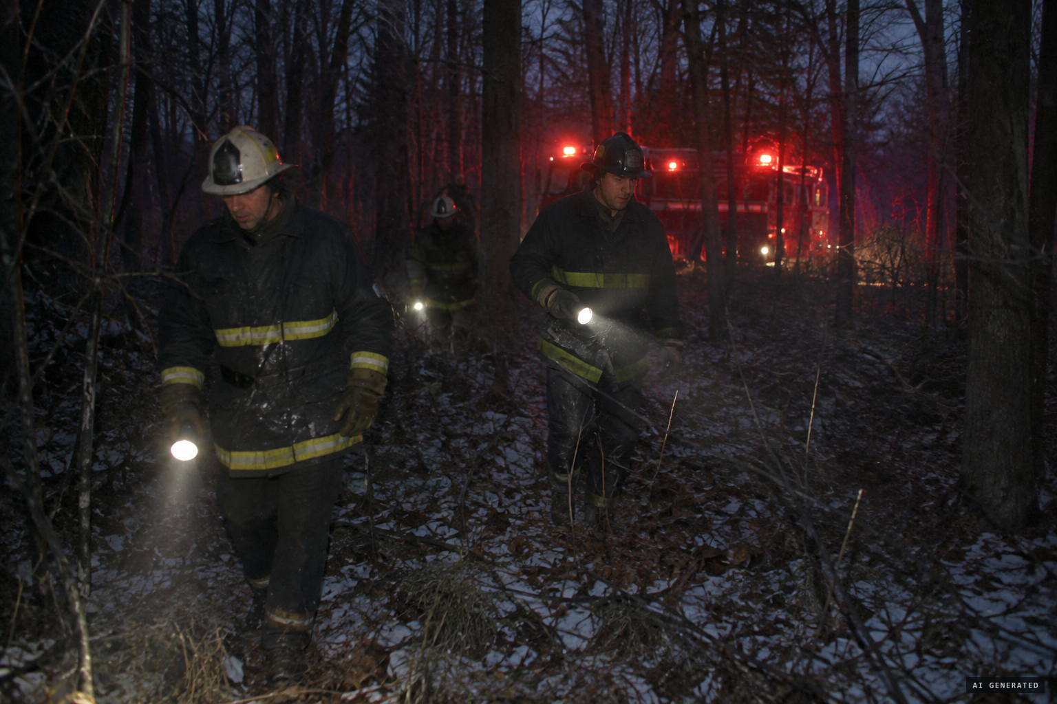 Volunteer firefighters search the woods for a downed aircraft