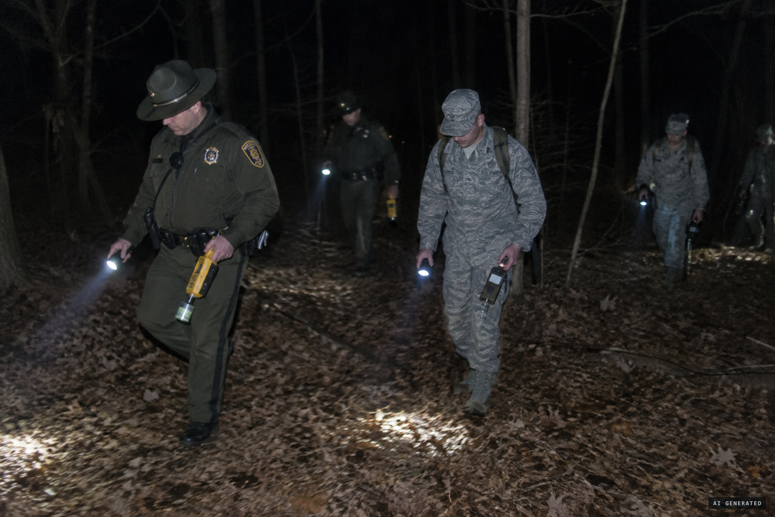 Troopers and Air Force personnel search with Geiger counters and find nothing