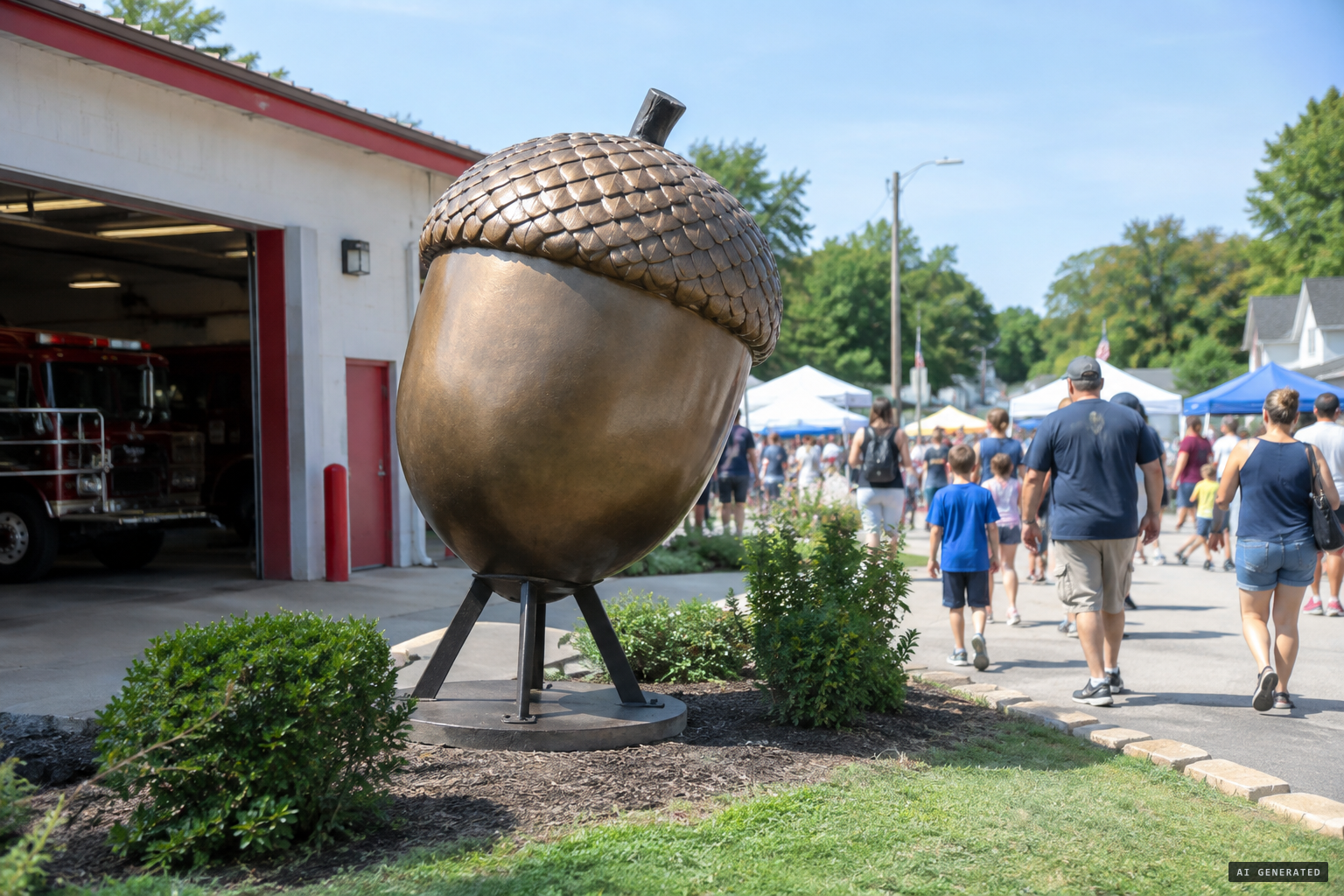 The Unsolved Mysteries prop acorn behind the Kecksburg fire station at the UFO Festival