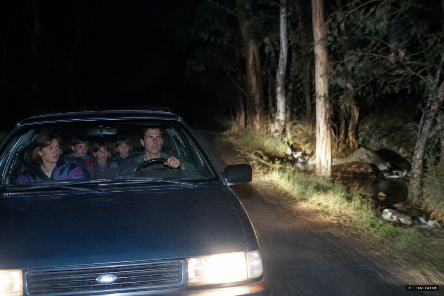 The Cahill family drive home along Belgrave-Hallam Road near midnight
