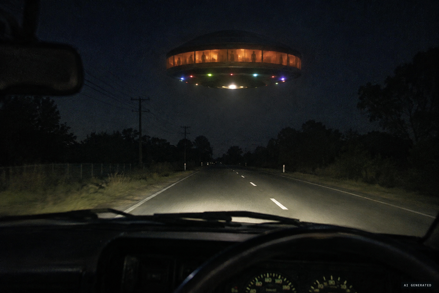 A round craft with windows and lights hovers above the road