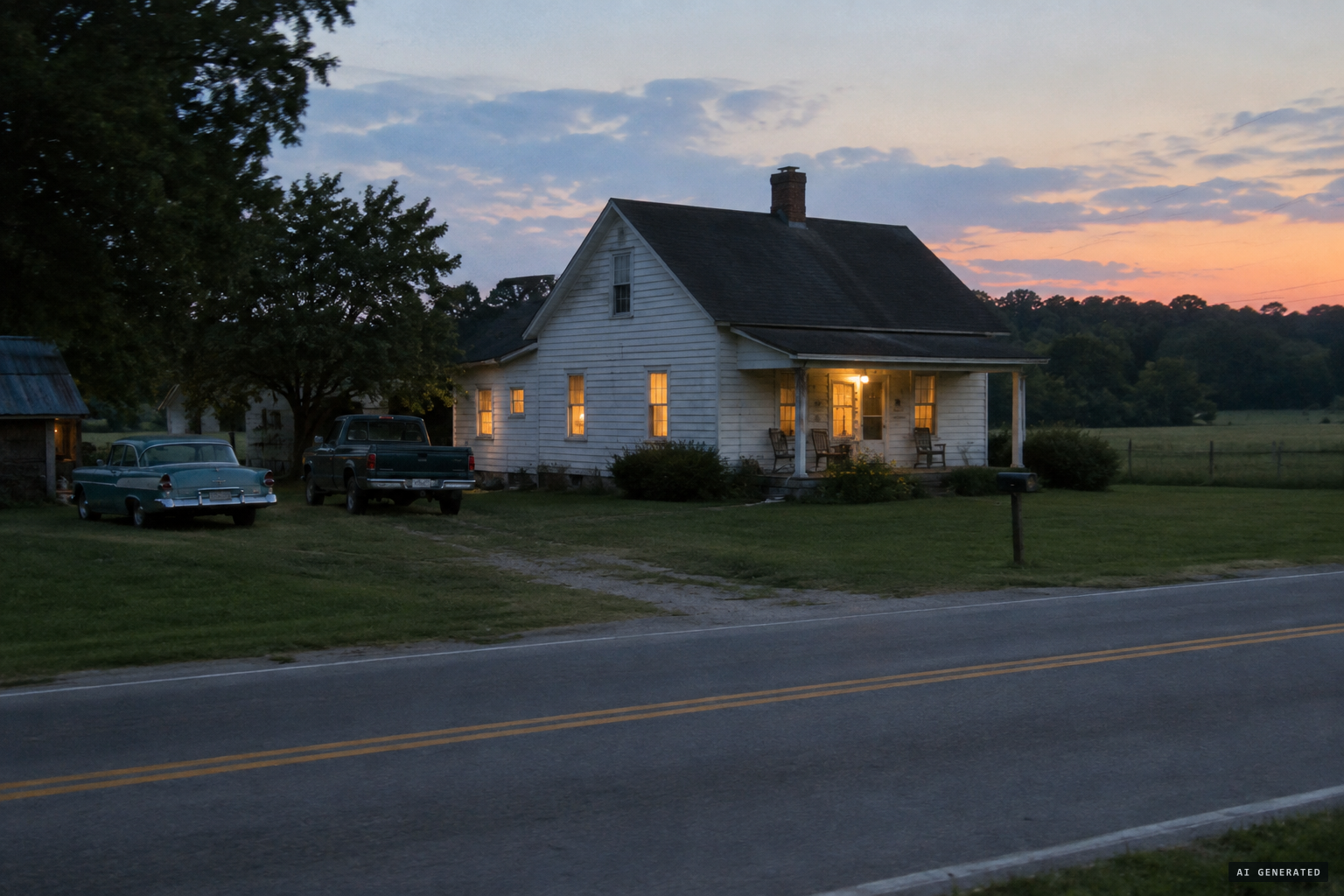 The crowded farmhouse at Kelly, Kentucky, on the evening of August 21, 1955
