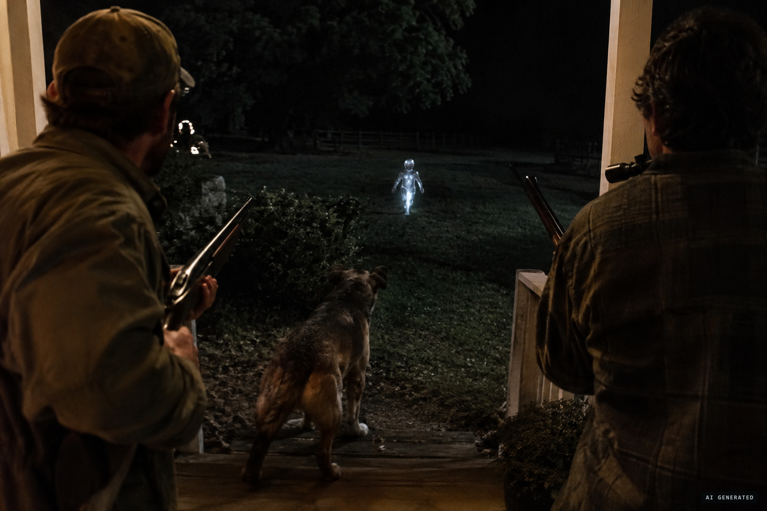 A glowing figure approaches, and Taylor and Lucky Sutton fetch their guns