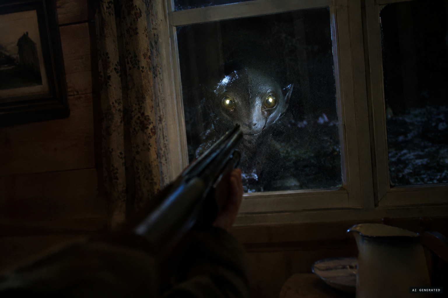 One being presses its face to a window and the shotgun fires through the glass