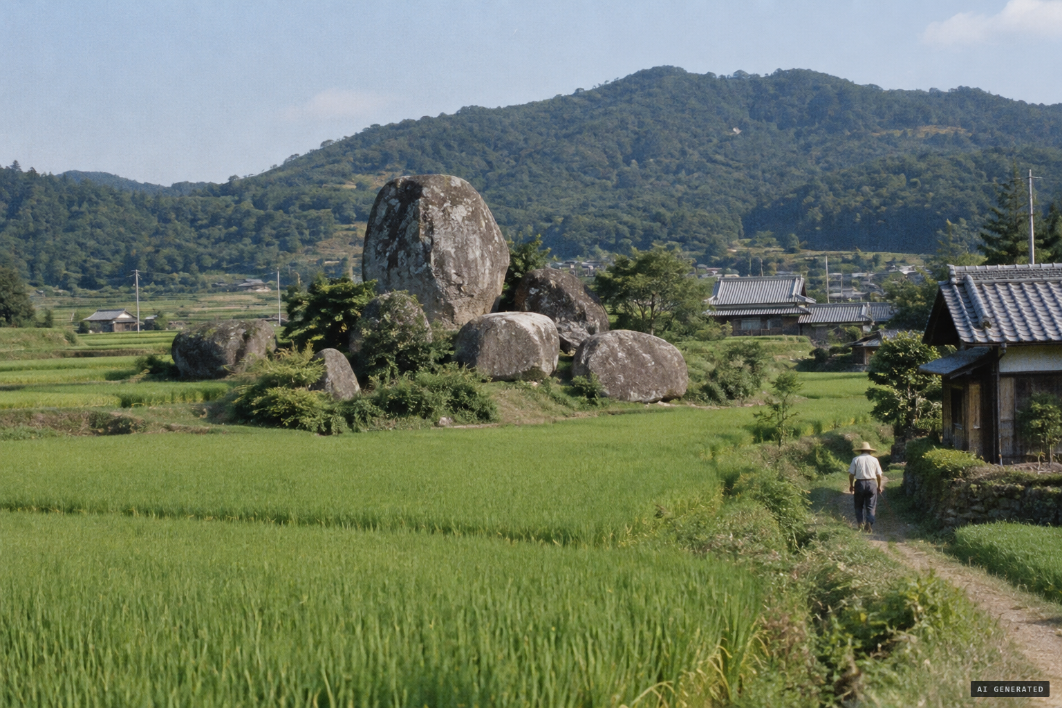 The rice paddies of Kera, with the boulder cluster known as the Kera stone