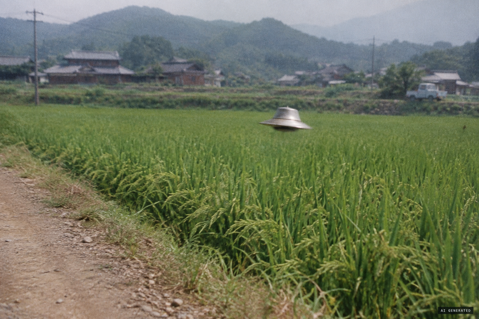 A small silver hat-shaped device flying erratically above the paddy