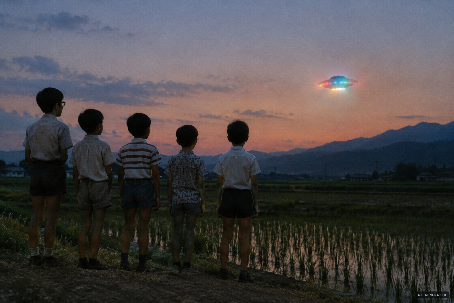 At dusk the object returns, pulsing with multicoloured light