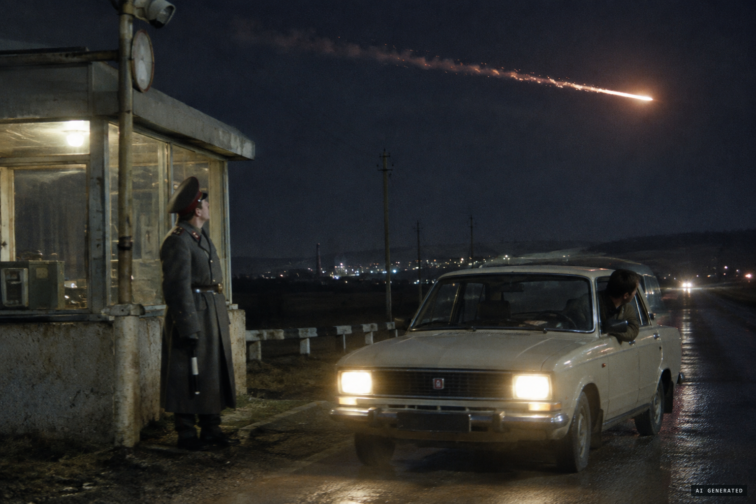 Senior Sergeant Titarenko and a Moskvich driver watch a silent fiery trail pass over