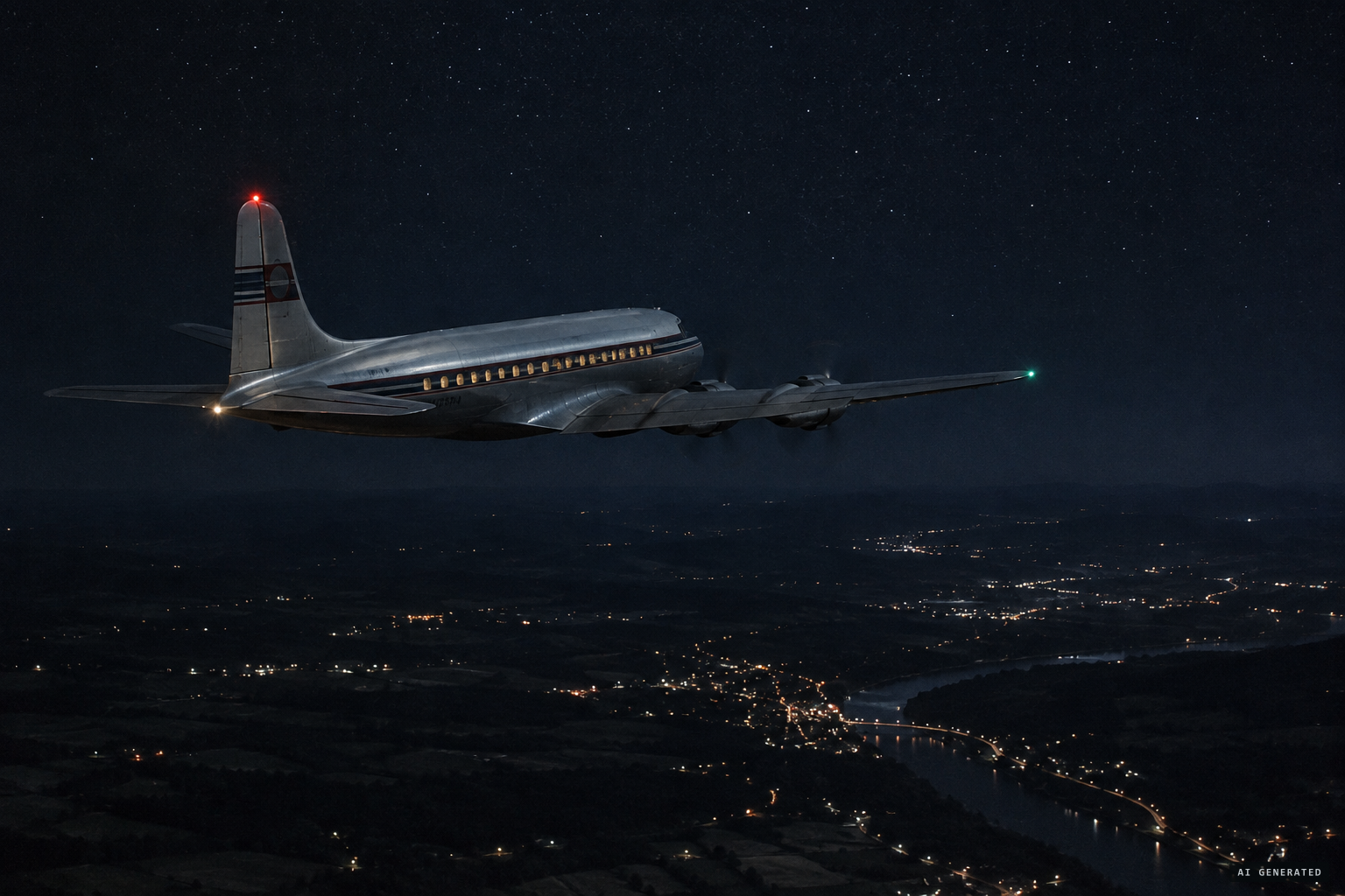 Flight 139 heads west at 8,500 feet under a clear, moonless sky