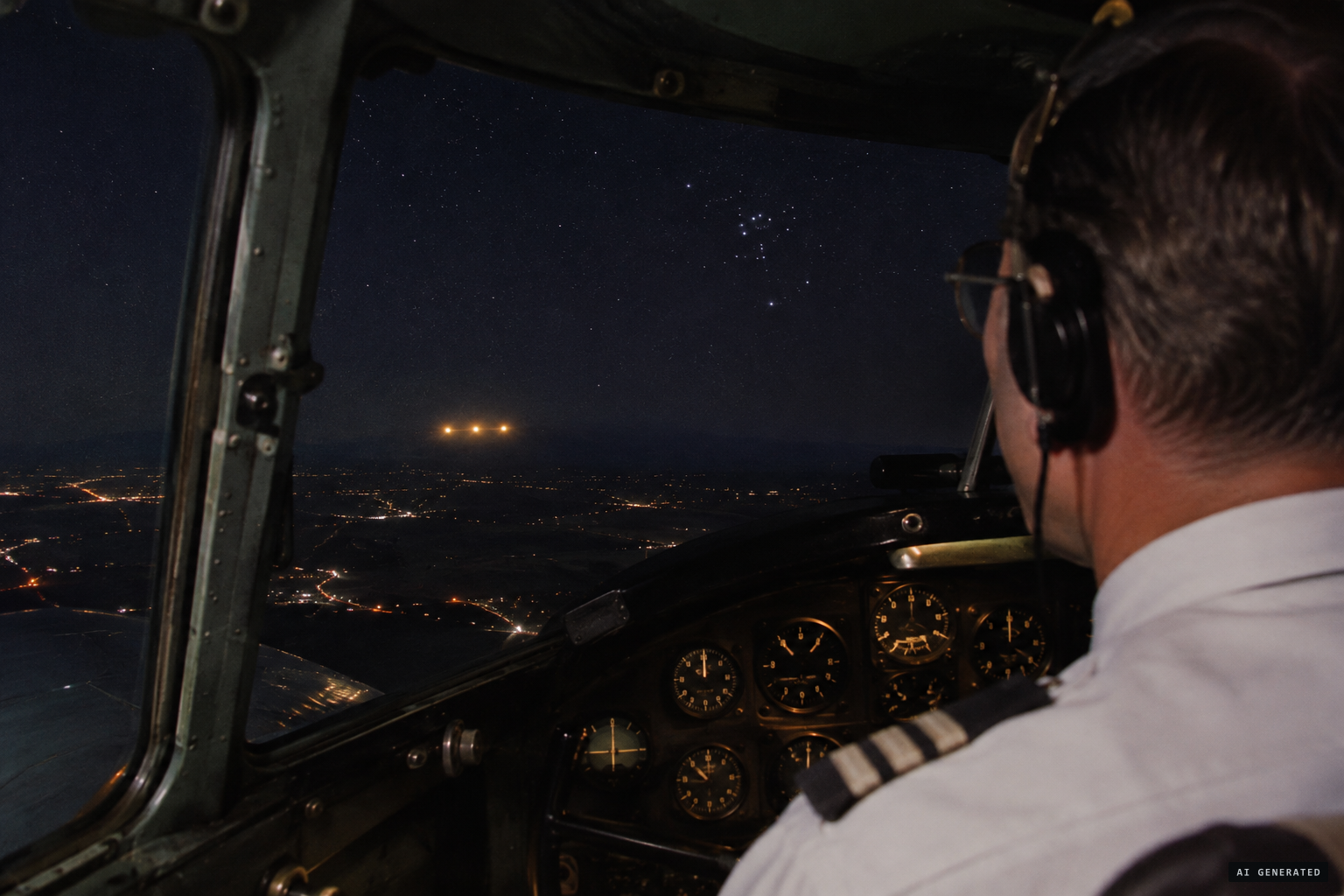 Three lights in a line off the left wingtip, separate from Orion's Belt