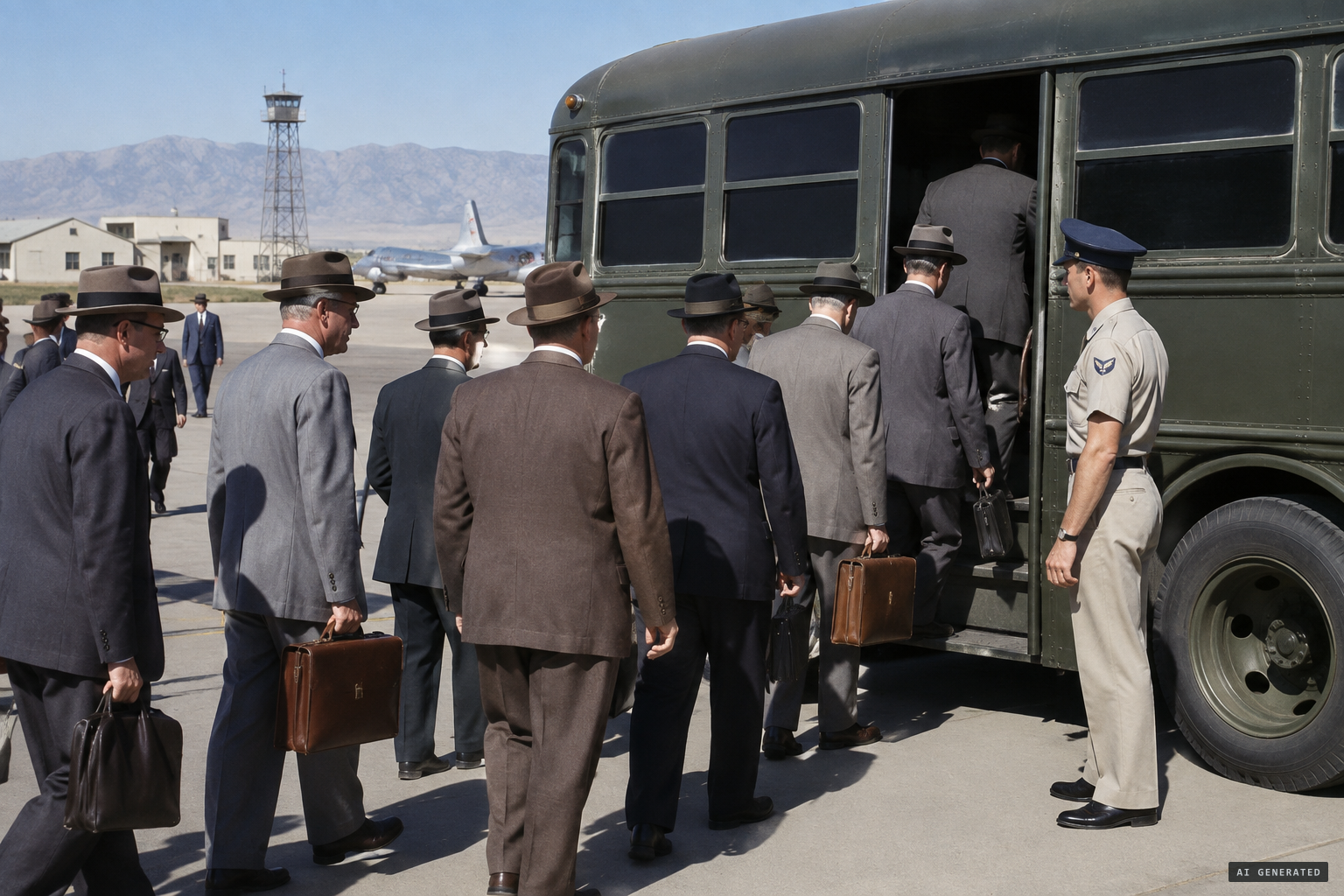 Specialists board a bus with blacked-out windows at Indian Springs