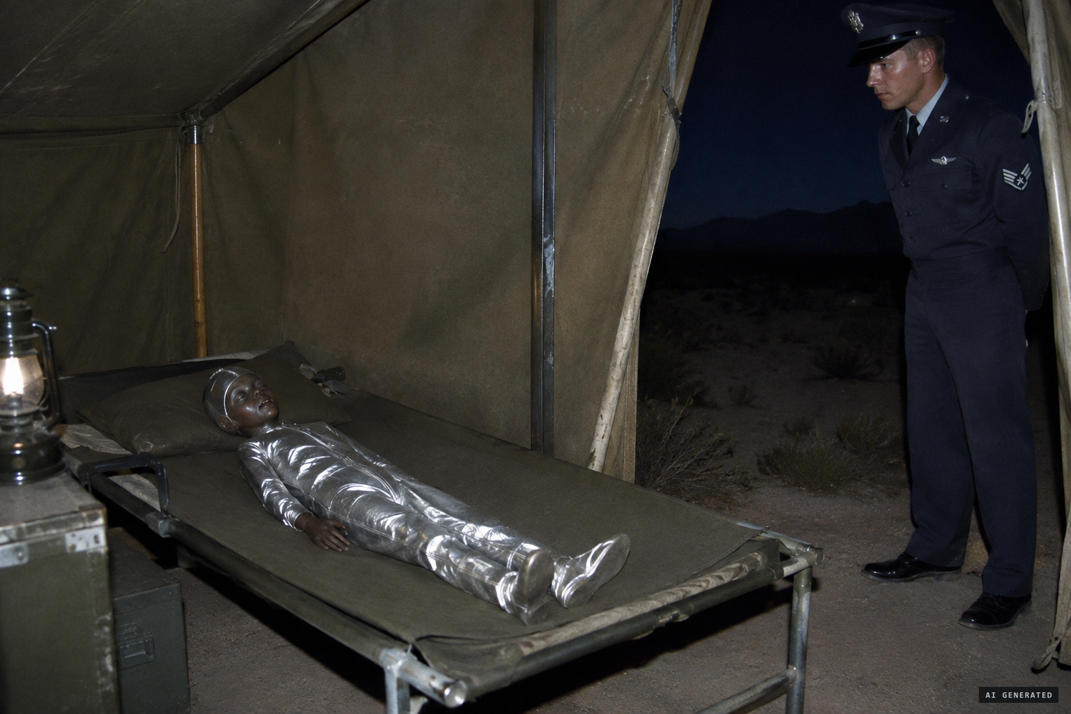 The dead occupant lies in a tent beside the craft