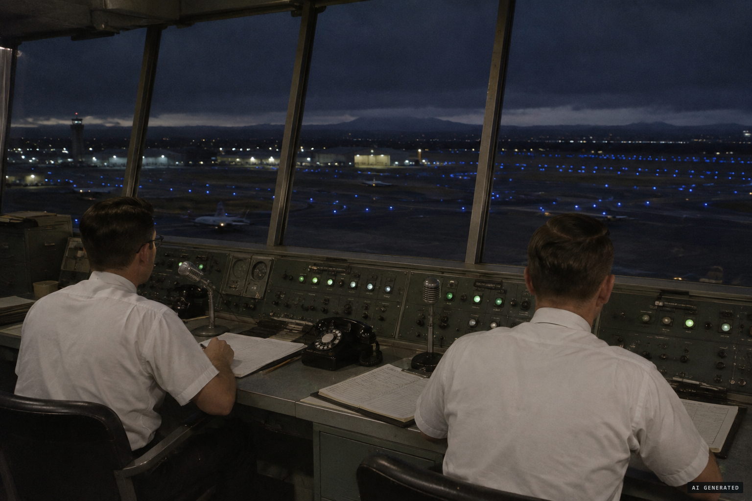 The Kirtland AFB tower on the night of November 4, 1957, with two CAA controllers on duty