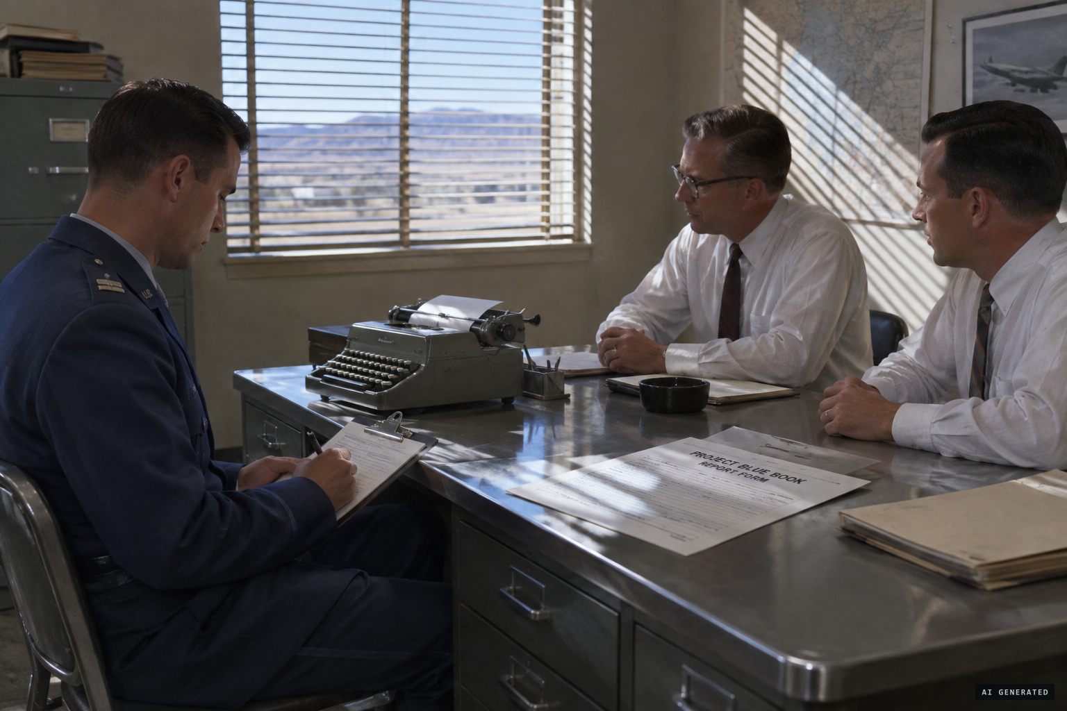 Captain Shere of Ent AFB interviews the two controllers for Project Blue Book