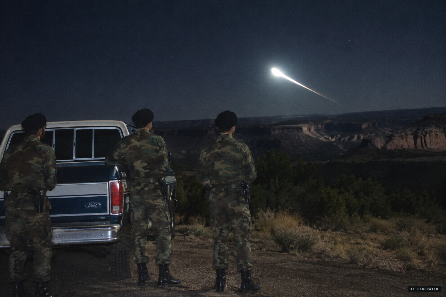 Three security policemen watch a very bright light race across the sky