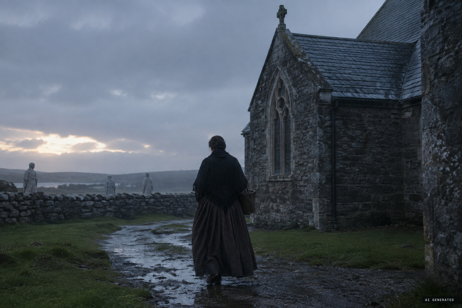 Mary McLoughlin passes the south gable and takes the figures for statues