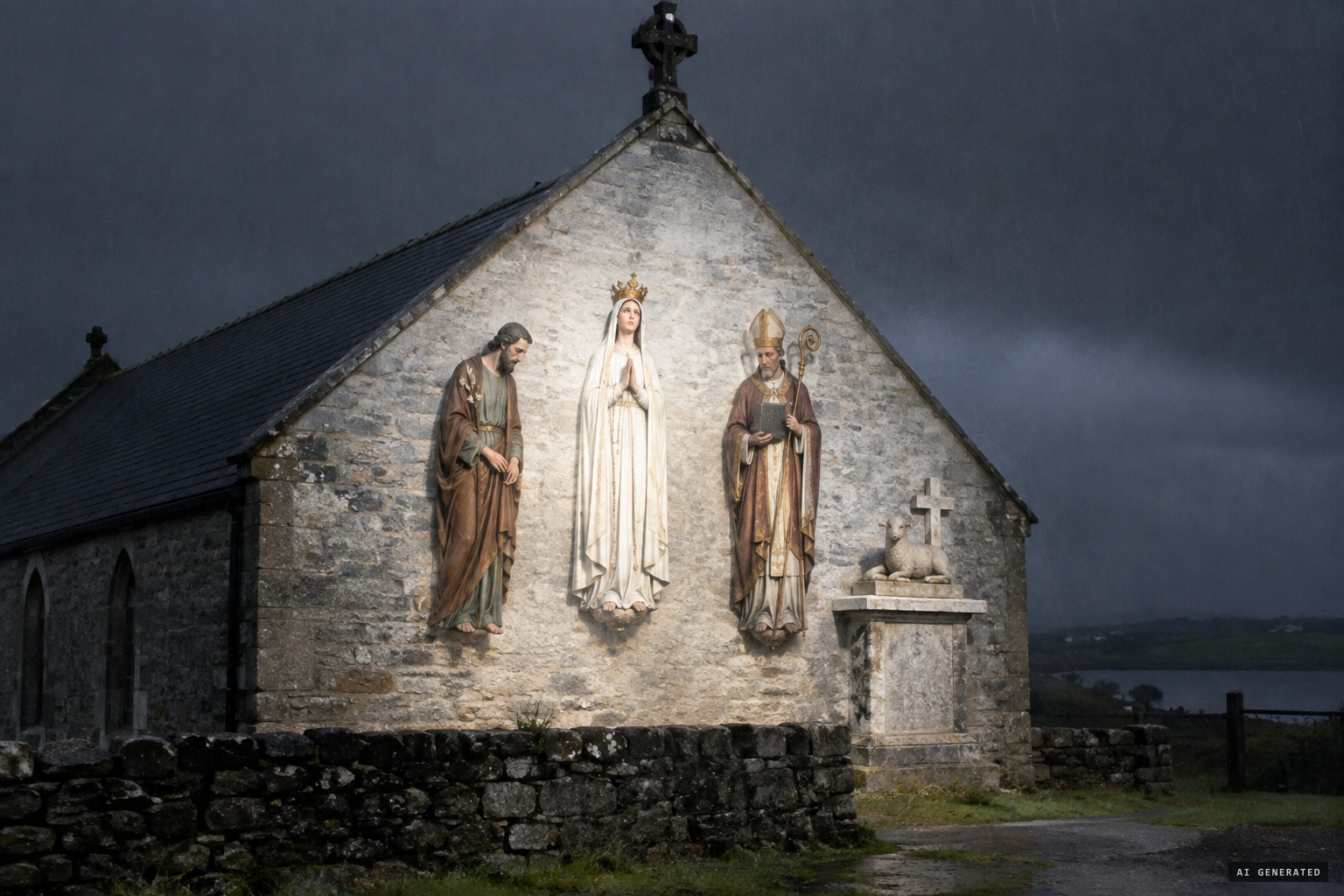 The Virgin, St Joseph and St John beside an altar with a lamb and cross, in clear white light