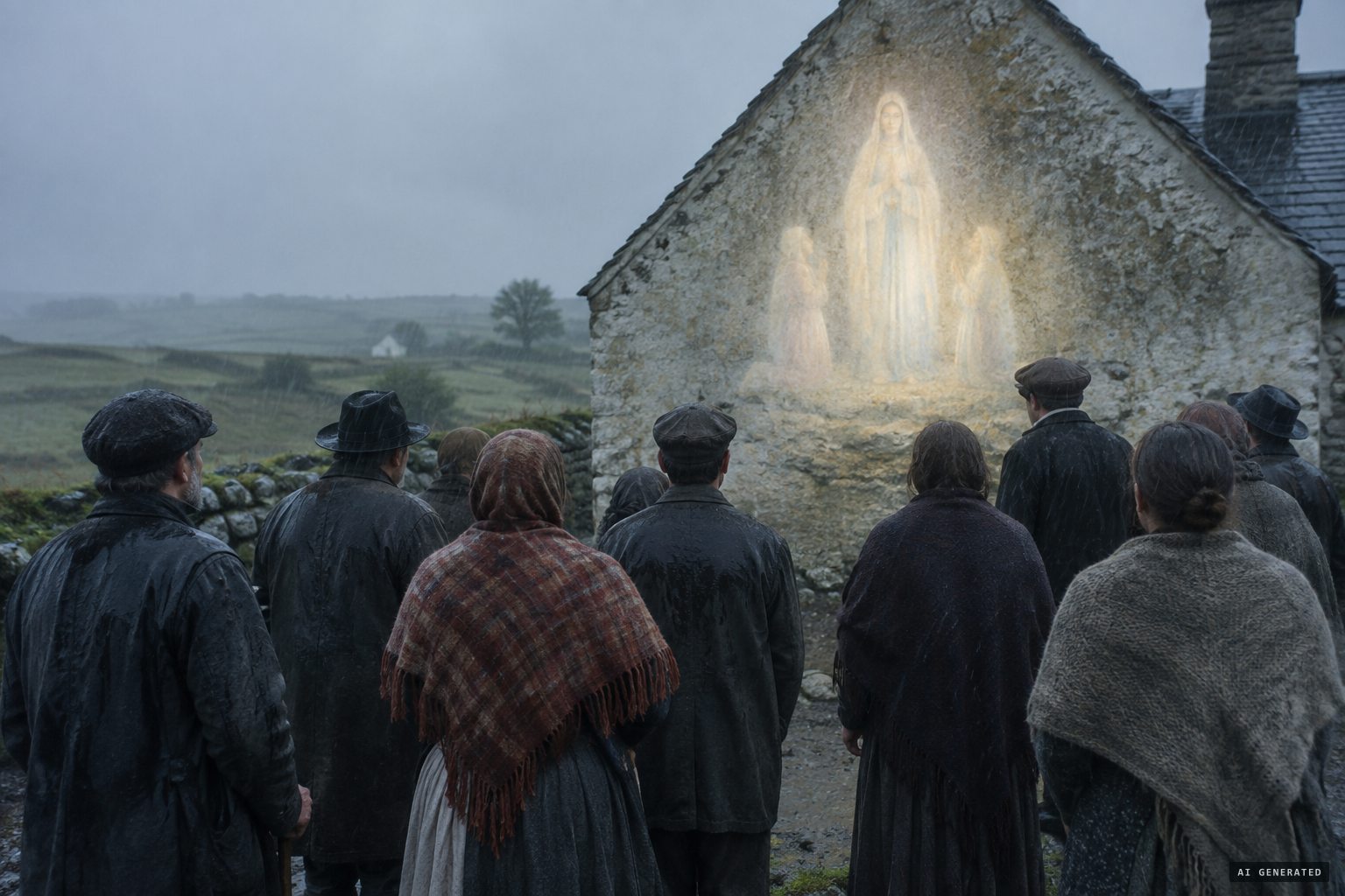 Witnesses approach and the figures seem to go back toward the gable