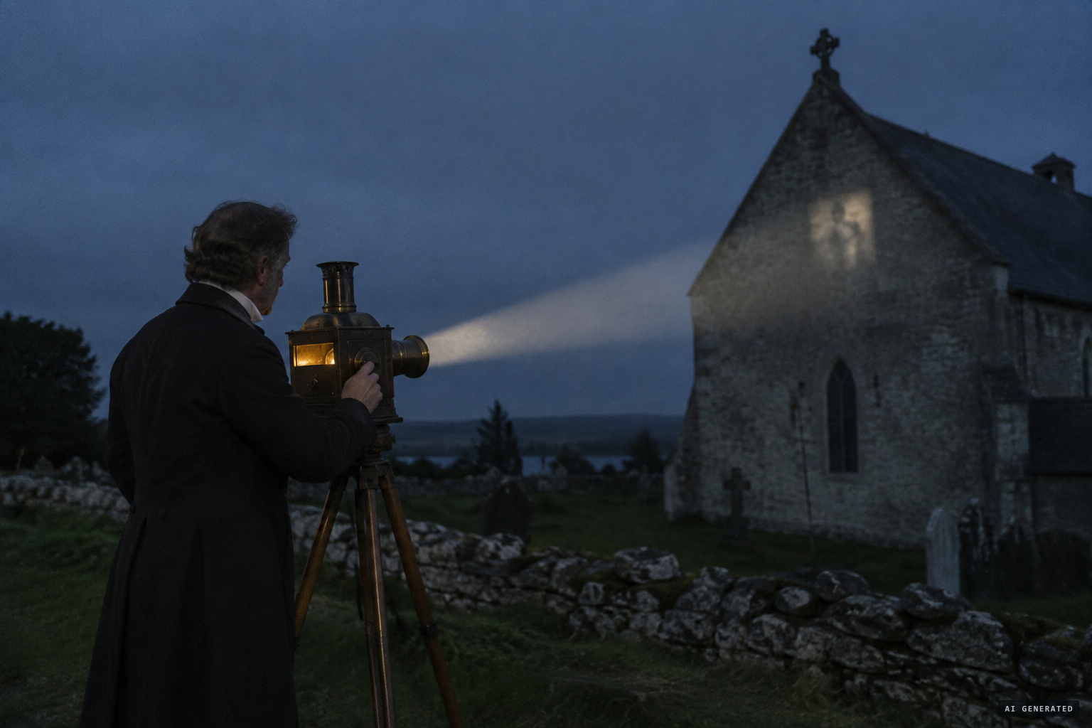 Professor Lennon tests a magic lantern at the site