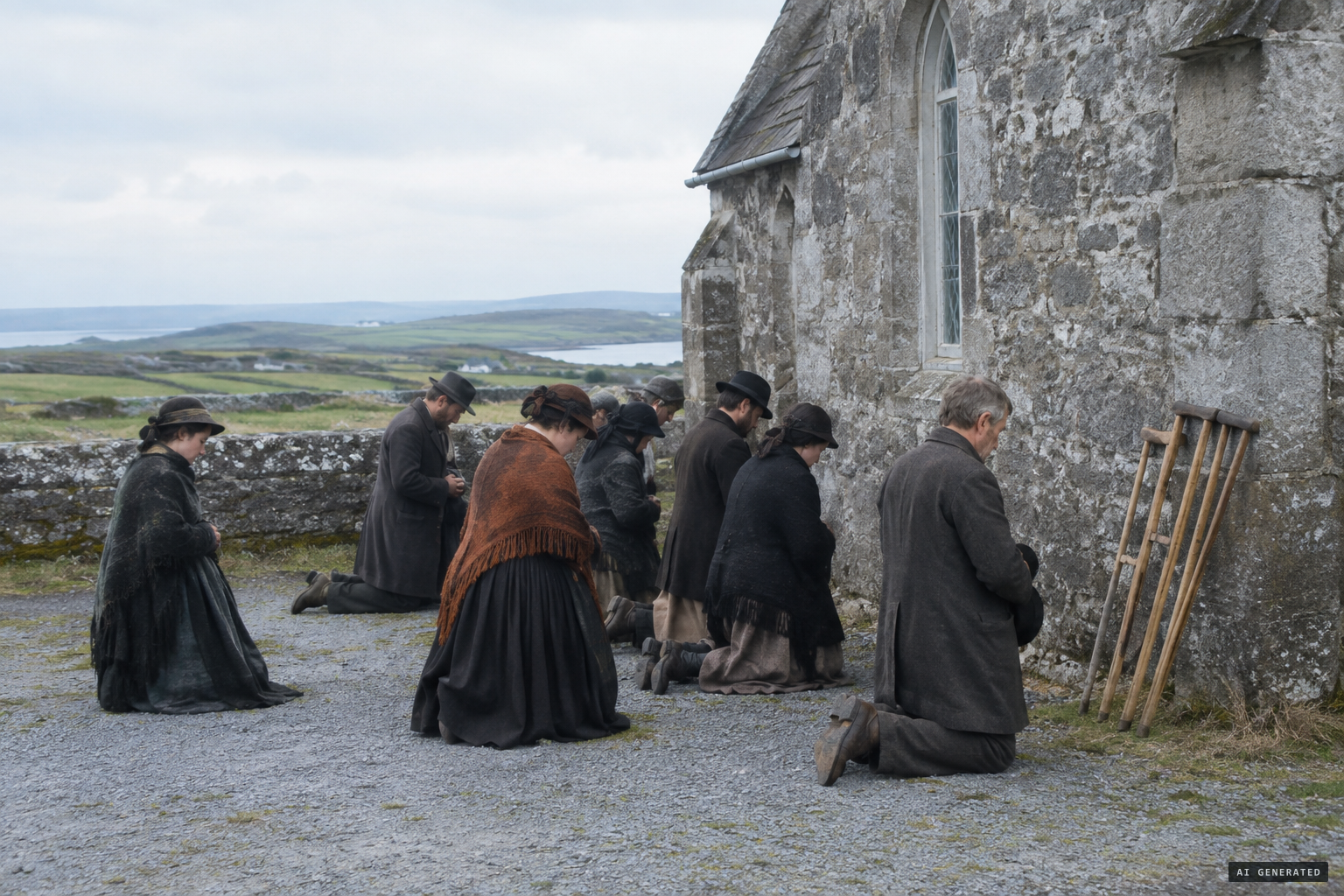 Pilgrims at the gable, crutches left by those claiming cures
