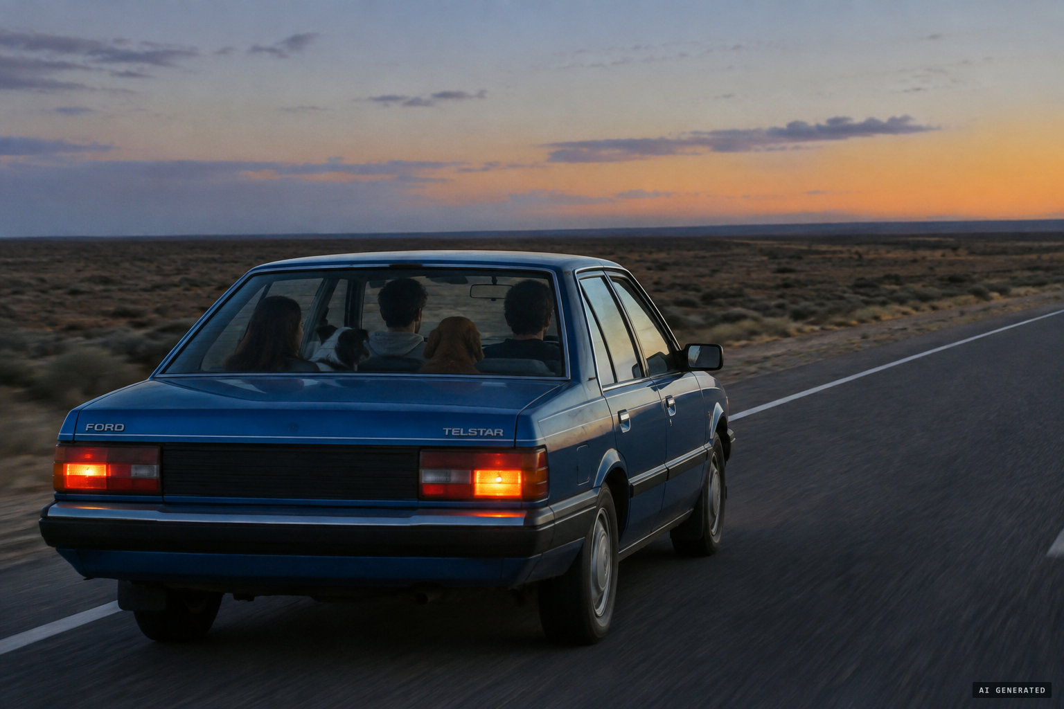 The Knowles family heads east across the Nullarbor in their blue Ford Telstar, January 1988