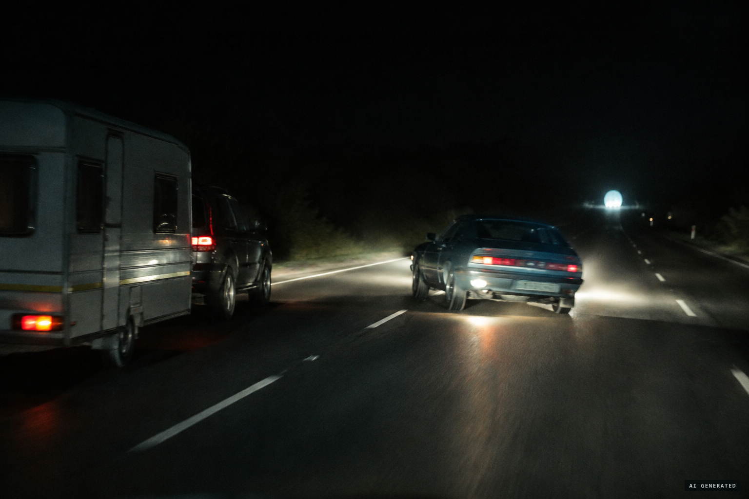 Sean swerves and nearly hits a car towing a caravan