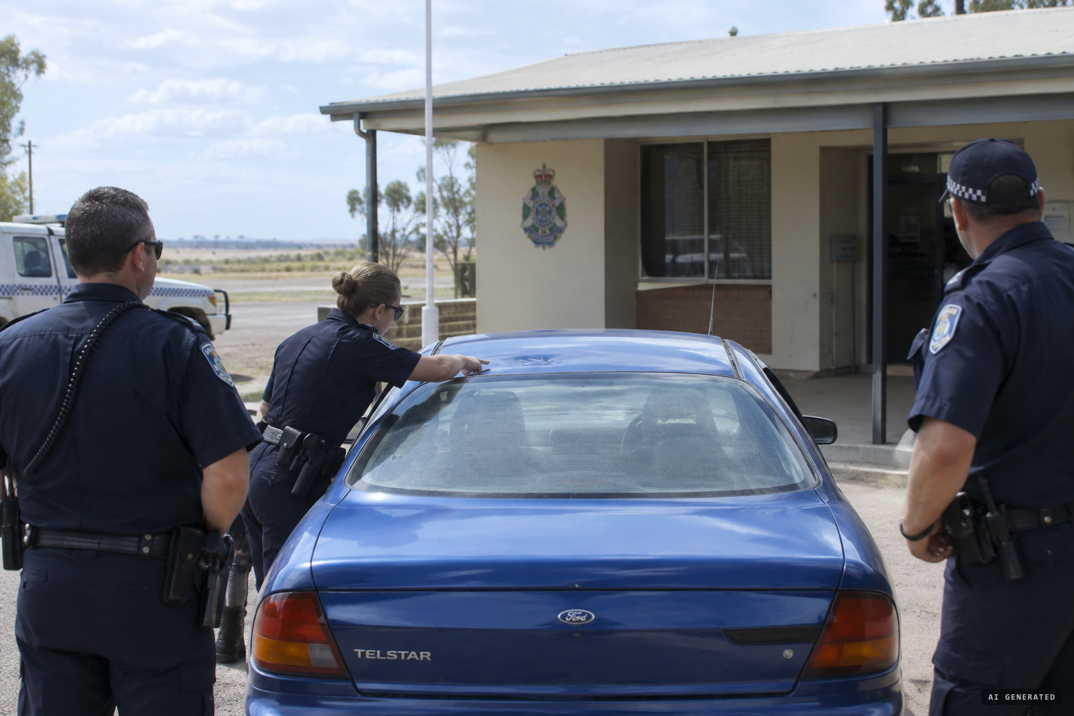 Police at Ceduna examine the Telstar and its four small roof dents