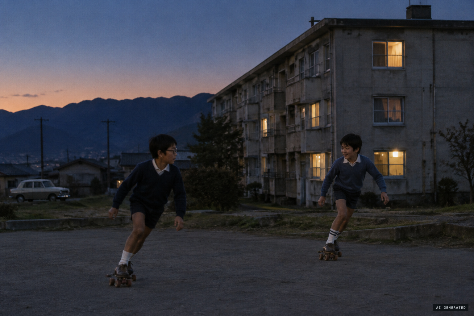 Two second-grade cousins roller-skating outside their housing block at dusk, 23 February 1975