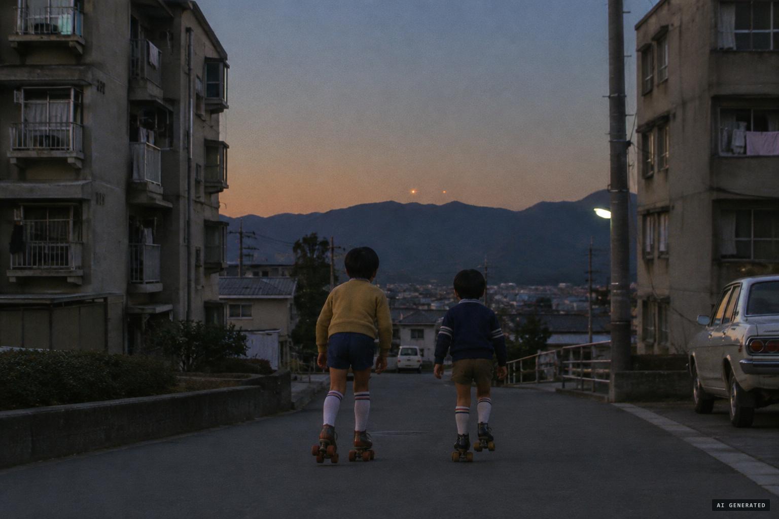 Two orange lights appear over the mountain to the east