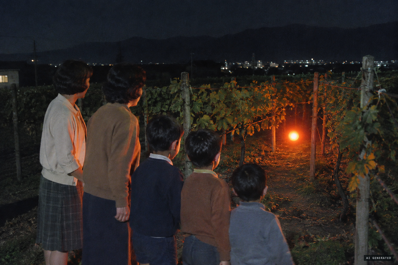 The families return and see a blinking orange light in the vineyard