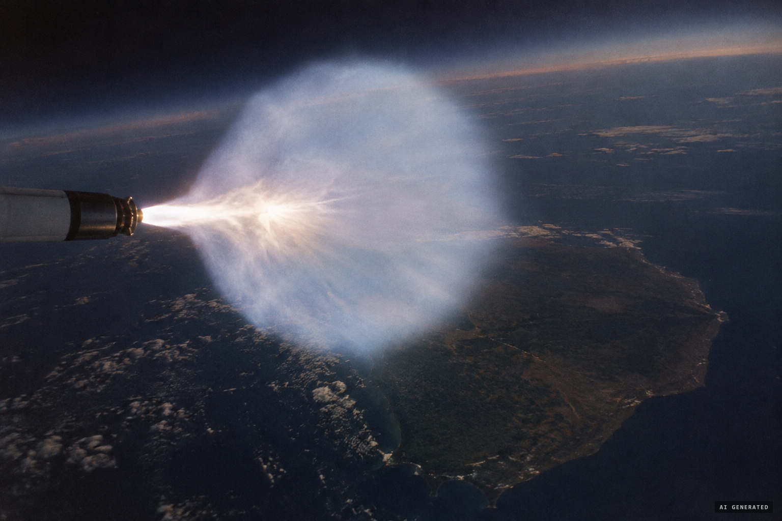 A fourth-stage burn over the southern hemisphere spreads a cloud 30 miles across