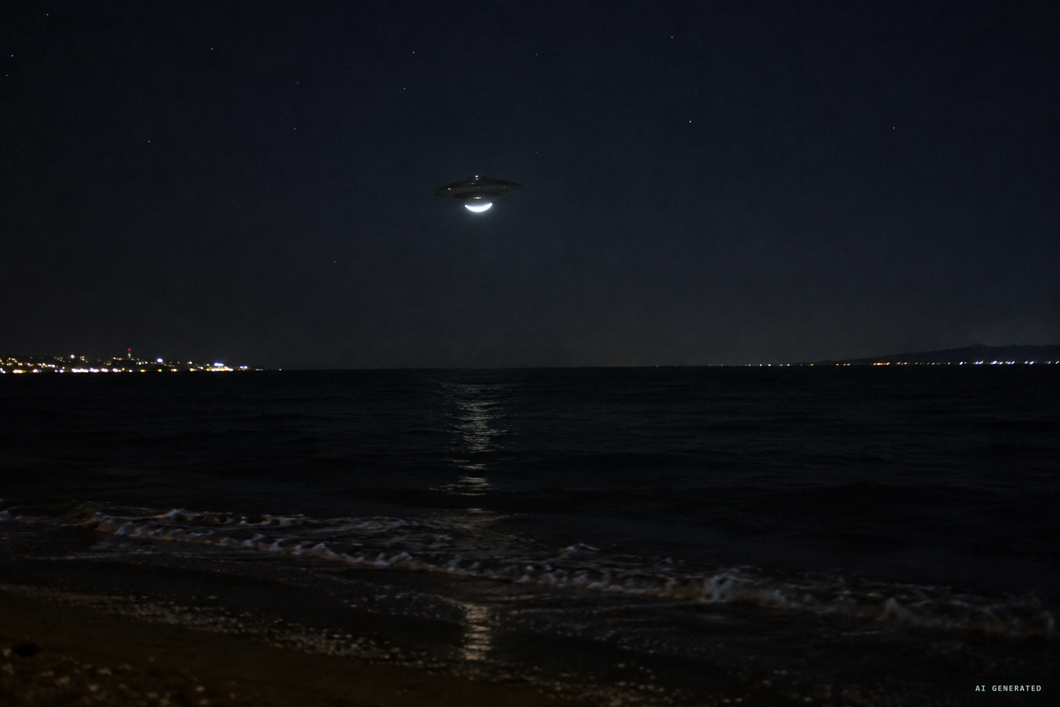 Metallic disc shapes and bright crescents hovering over the sea before dawn